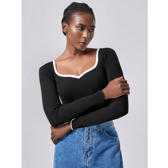 Black Rib Knit Sweetheart Contrast White Trim Long Sleeve Fitted Sweater Top - Picture 12 of 16